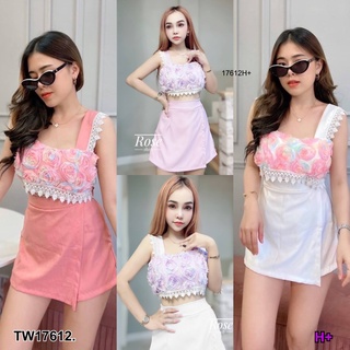 👗Pfashion [ส่งไว!!🚛] P17612 Set 2 ชิ้น เสื้อครอปปักดอกไม้ + กางเกงกระโปรง