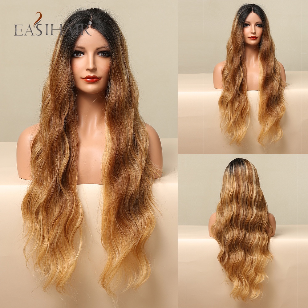 Elesair Ombre สีดําน้ําผึ้งสีน้ําตาลวิกผมสังเคราะห์ลูกไม้ด้านหน้าด้านหน้าวิกผมสําหรับผู้หญิงสีดํายาว
