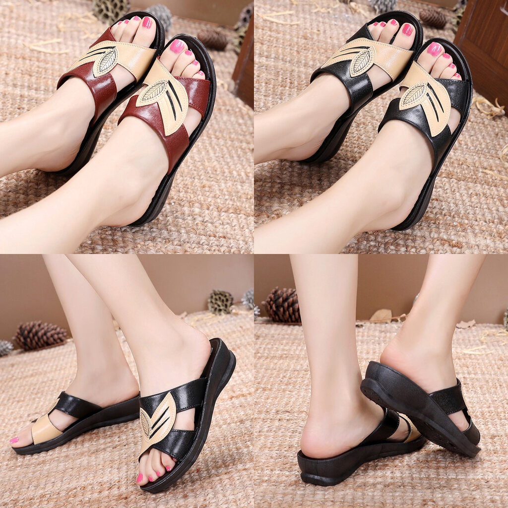 รองเท้าผู้หญิง รุ่น ใบไม้ ส้นหนา 4cm ยาง PVC พื้นนิ่ม ใส่สบายเท้า พื้นยางกันลื่น คุณภาพดี พิมพ์ลายเส้นใบไม้