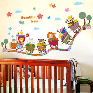 ส่งฟรีเมื่อซื้อครบ 99บาทReadystockcartoon animal zoo circus train children diy removable kids wall stickers decals