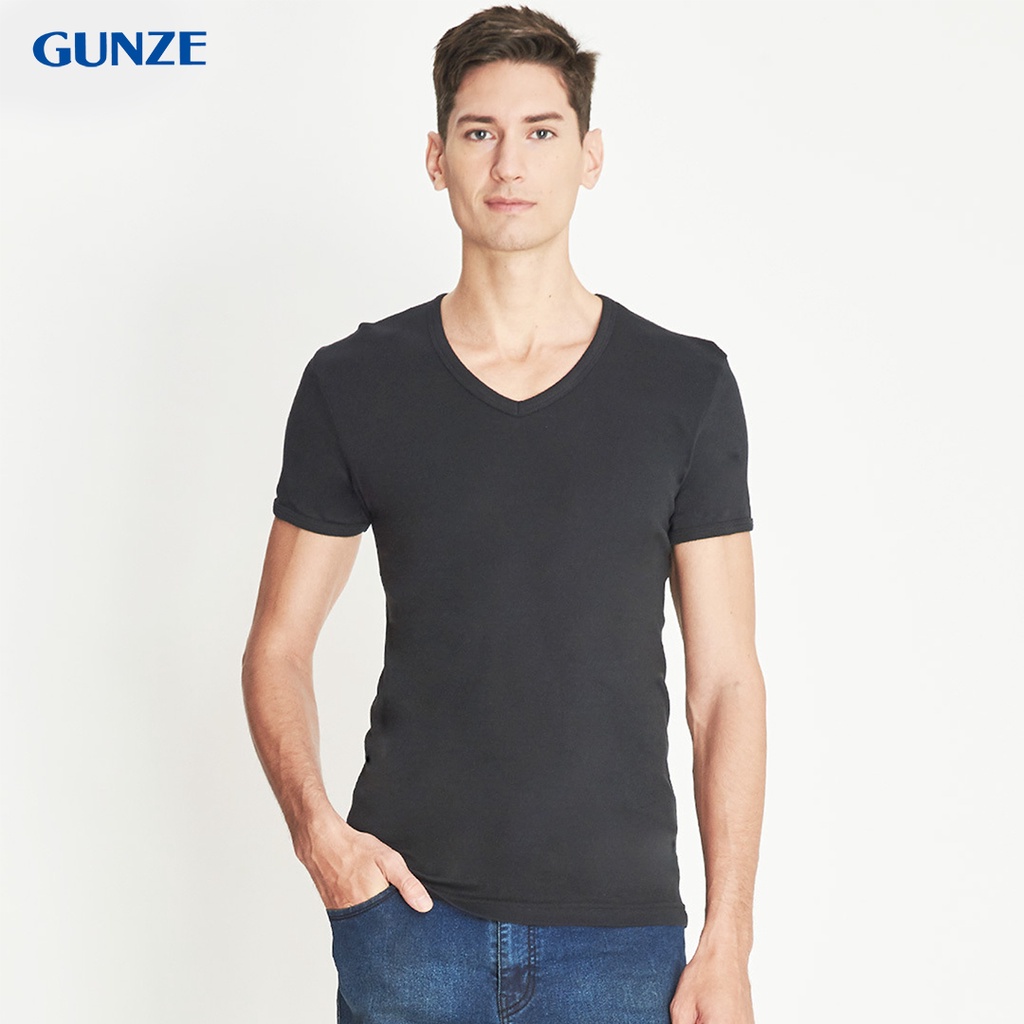 GUNZE เสื้อยืดผู้ชาย แขนสั้น คอวี สีดำ (BL) รหัส GS1631