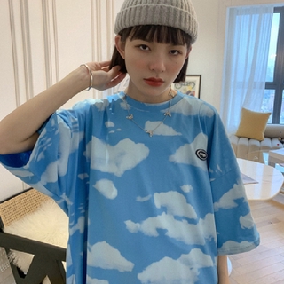 Women Korean Fashion White Cloud Letter Print T-Shirts Loose Oversize Short Sleeve Student Casual tops