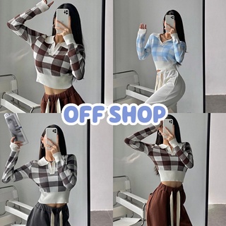 OFF SHOP พร้อมส่ง (OFF-28810) เสื้อครอปไหมพรมแขนยาว คอปก ลายตารางใหญ่สายฝอมา