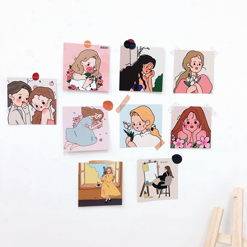GaLiCiCi การ์ดลายหญิงสาว สไตล์เกาหลี สำหรับตกแต่งห้อง 9 ชิ้น