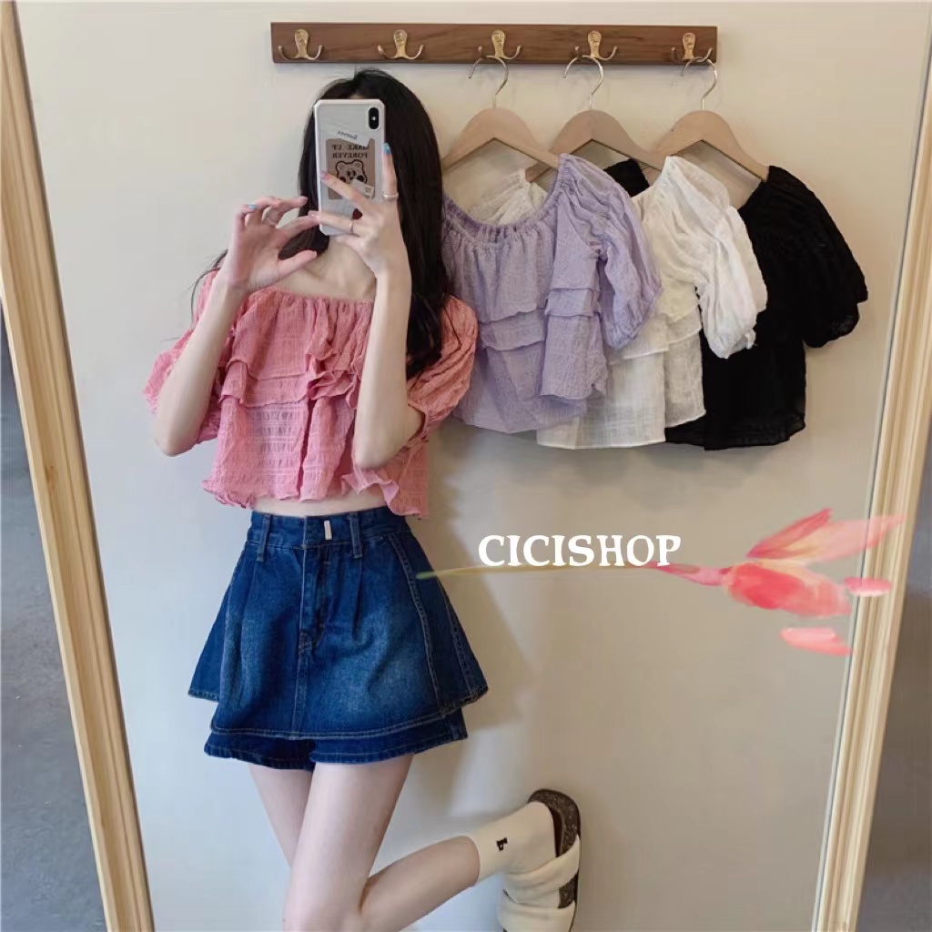Cicishop(SALE 119)เสื้อครอปขอบตุ๊กตา แต่งขอบระบายสีพาสเทลหวานๆใส่สบายระบายอากาศ ใส่แล้วดูดีสุดๆ