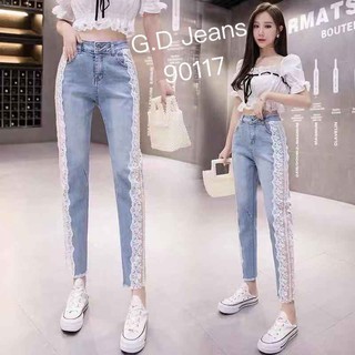 G.D.Jeans รุ่น 90117#กางเกงยีนส์แฟชั่นขายาวผ้ายืดทรงเดฟเล่นดีเทลลูกไม้ขาวแถบข้าง