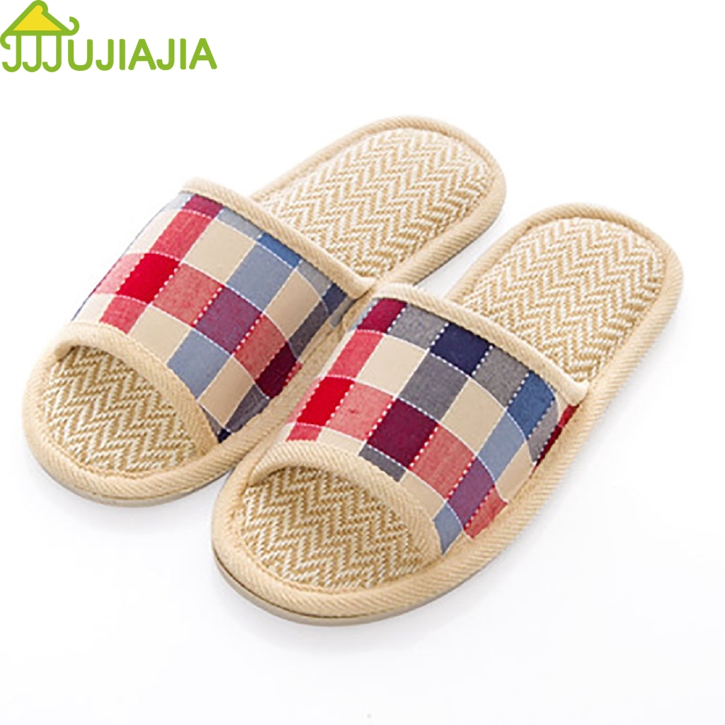 Jujiajia แฟชั่นลำลองอังกฤษลายสก๊อตผ้าลินินบ้านรองเท้าแตะกันลื่น