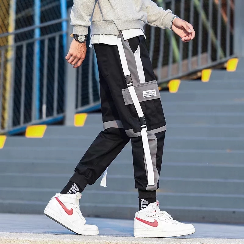 Men Ribbons Color Block Black Pocket Cargo Pants Harem Joggers Harajuku Sweatpant Hip Hop 1374