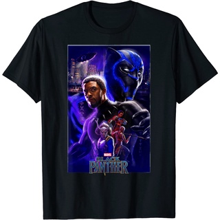 เสื้อยืดผ้าฝ้ายพิมพ์ลายคลาสสิก เสื้อยืดแขนสั้น พิมพ์ลายโปสเตอร์ Marvel Black Panther Wakanda สีม่วง แฟชั่นสําหรับผู้ชาย