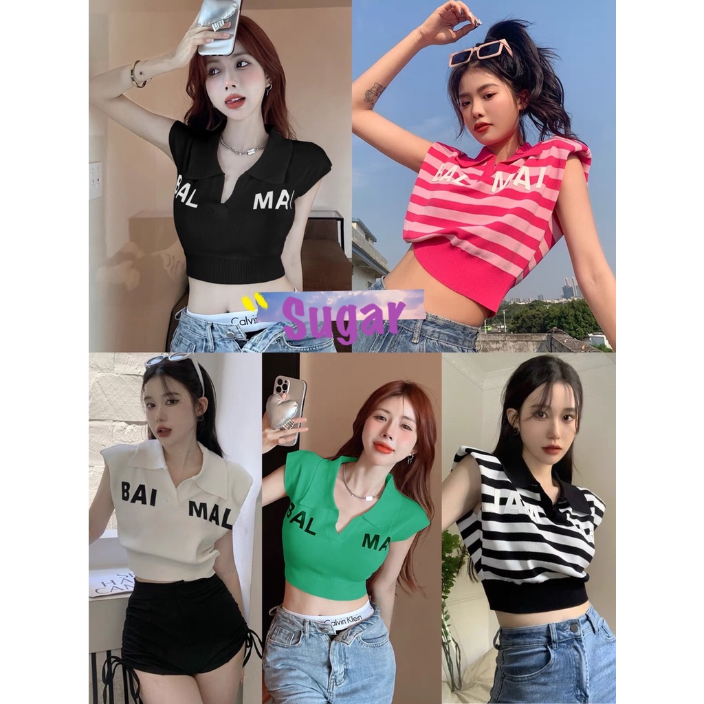 Sugar พร้อมส่ง เสื้อไหมพรม เสื้อครอป คอปก รัดเอว แขนกุดแต่มีปลายเสื้อยื่นออกมา(25050)