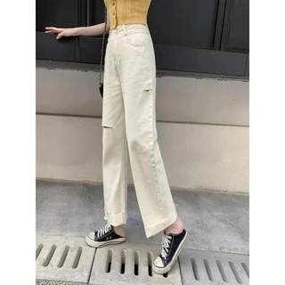 👖👖 MKL ⚡🚚 กางเกงยีนส์เอวสูง ขาบาน แต่งขาดสองข้าง 💖#8012