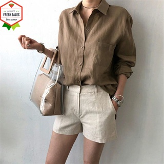 COD Women Shirt Cotton And Linen Lapel Long-sleeve Loose Solid Color All-match Shirt