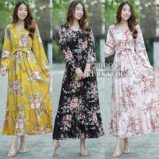 Maxi dress ลายดอกช่อใหญ่ แขนยาวปลายแขนจั้ม ติดกระดุมหน้า ดีเทลจับจีบทวิทช่วงเอว ตัดต่อระบายชายกระโปรง