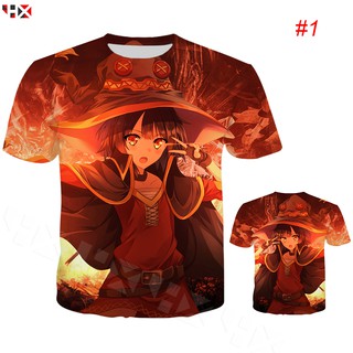 HX KonoSuba ขอให้โชคดีมีชัย ในโลกแฟนตาซี  Megumin Explosion 3D พิมพ์แฟชั่นเสื้อยืดเสื้อเชิ้ตลายฤดูร้อนบนเสื้อยืด แขนสั้น