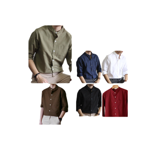 เชิ้ตคอจีนมีกระดุมผู้ชายแขนยาว สีพื้น Long-Sleeve Mandarin Collar Shirt 2 (56-02)