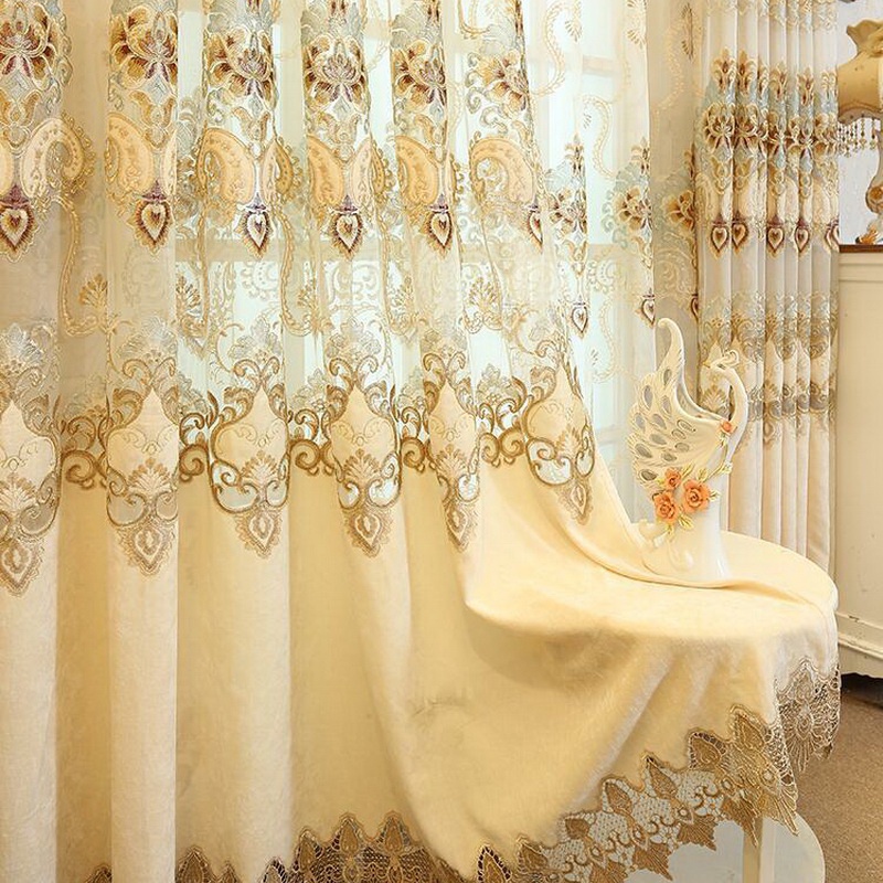 พร้อมสต็อกLuxury ปัก Hollow Beige Chenille ผ้าม่านกันแสงสําหรับห้องนั่งเล่น Langsir ประตูบานเลื่อนเย็บปักถักร้อย Voile Sheer ห้องนอนผ้าม่าน