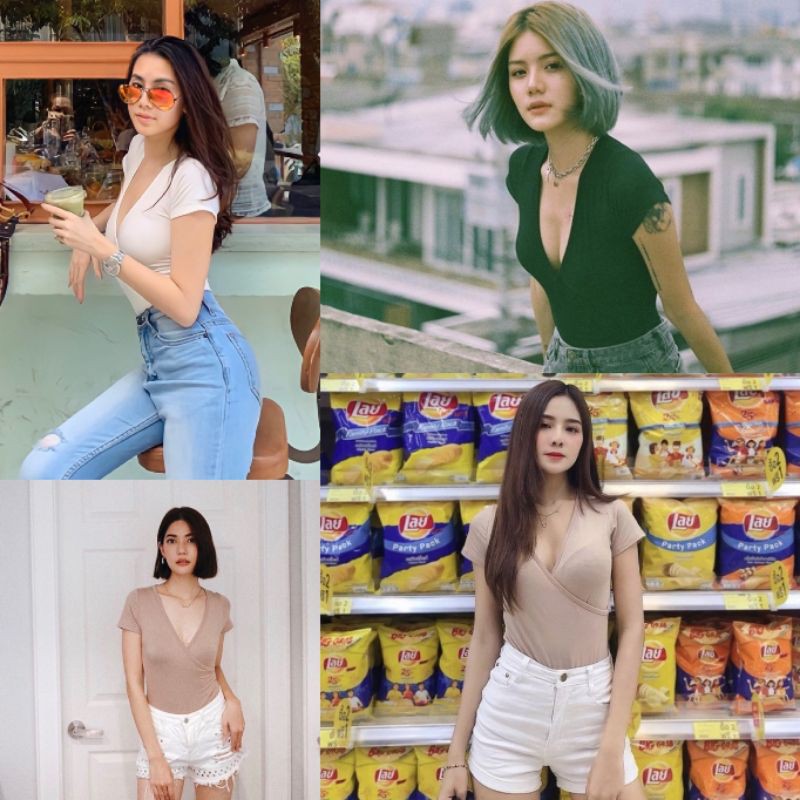 🌈Spinny House🌈 บอดี้สูท แขนสั้น ไขว้หน้า ผ้า2ชั้น‼️เป้าแกะได้ กระดุมแป็ก‼️รับประกันsexy🔥 บอดี้สูทไขว