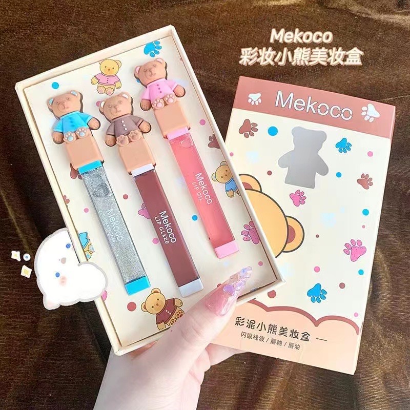 Mekoco [M7001] เซตลิปสติกและกลิตเตอร์ทาเปลือกทา 3 แท่ง (พร้อมส่งจากไทย) ลายน้องหมี ลิปกลอส ลิปเวลเวด