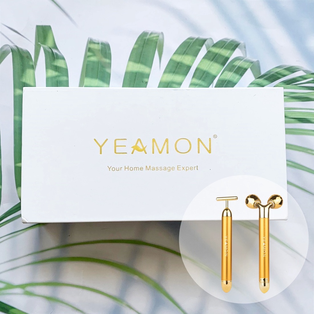 (YEAMON®) 2 in 1 Face Massager Golden 3D roller face massager and T-shaped massager อุปกรณ์นวดหน้า แ