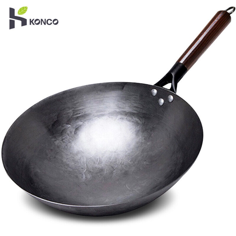 Konco Handmade Iron wok with wooden handle Chinese Traditional Uncoated Wok Kitchen Cookware Iron Pot Frying Wok Pan for