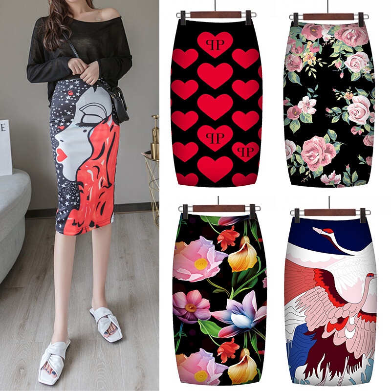พร้อมส่ง กระโปรงทรงดินสอ เอวสูง ผ้ายืด พิมพ์ลายดอกไม้ แฟชั่นสําหรับผู้หญิง