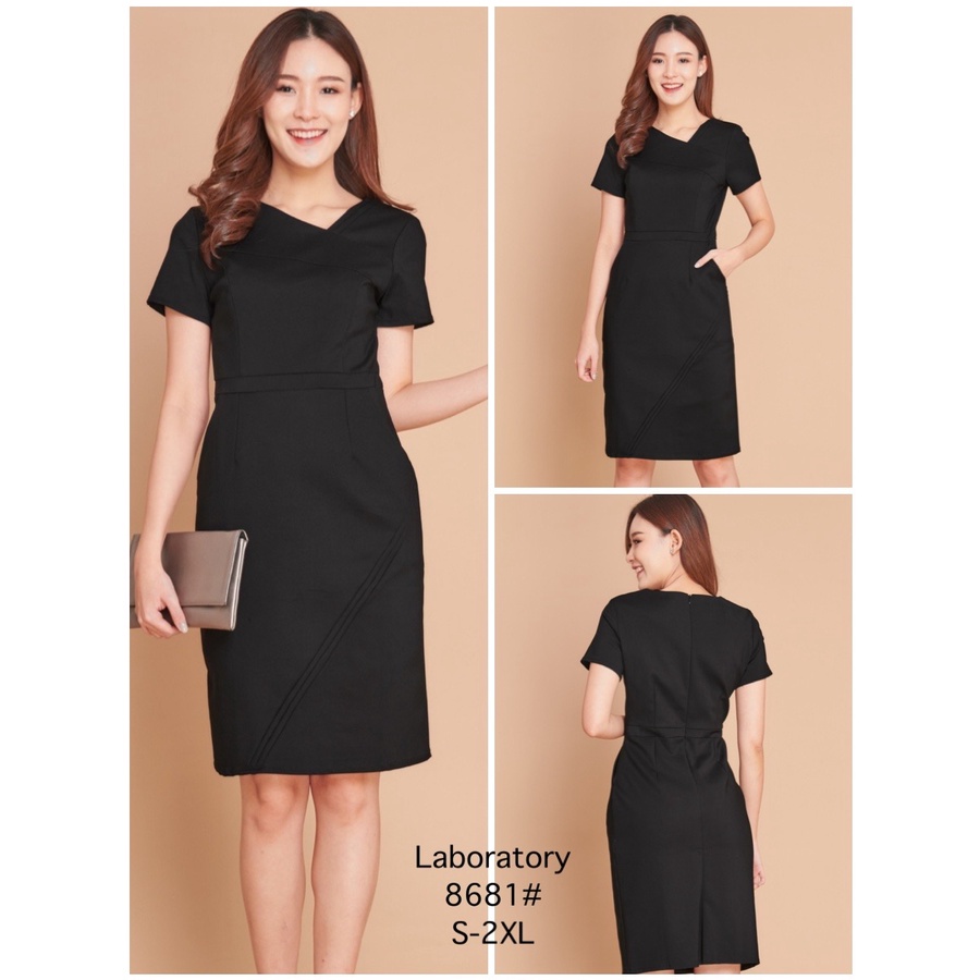 Laboratory 8681# ชุดทำงาน เดรสคอเฉียงแขนสั้น ไซส์ S-2XL