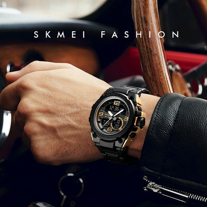 นาฬิกา SKMEI แบรนด์แท้ สุดเท่ห์ รุ่น SK1517 ⌚งาน 2 ระบบ ดิจิตอล/เข็ม กันน้ำได้ลึก 30 เมตร ดำทอง