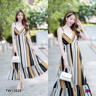 TW12626 Dress เดรสสายเดี่ยวยาว ผ้าไหมอิตาลี่ ลายริ้วสลับสี มีซับช่วงกระโปรงเนื้อผ้าทิ้งตัวสวย + ผ้าโพกผม พร้อมส่ง