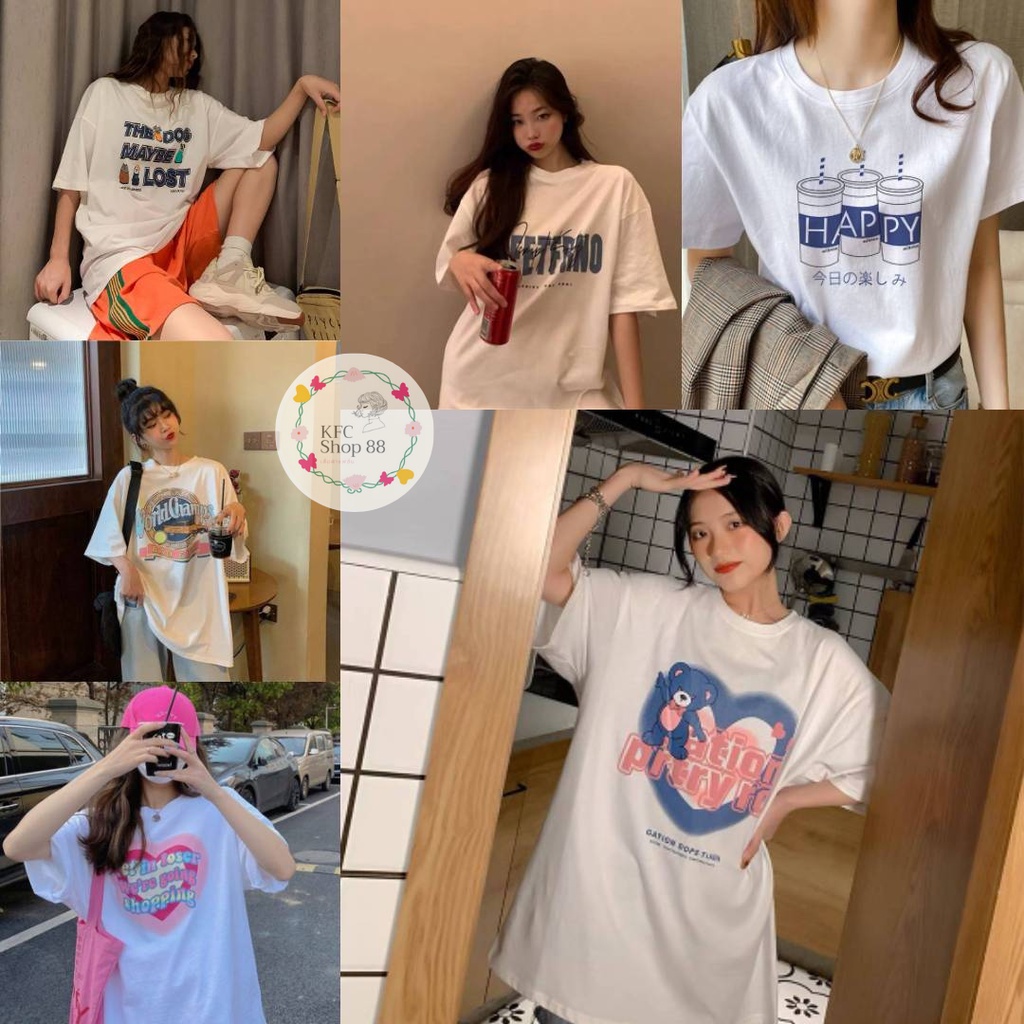 รวม เสื้อแขนสั้น Oversize เสื้อคอกลมแขนสั้น พื้นขาวสกรีนลายน่ารักๆ เท่ๆ #C009