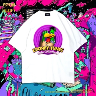 Psycho Crucify "Looney Tunes Coin Collection!" เสื้อยืด ขนาดใหญ่ | สีขาว | เสื้อยืด พิมพ์ลาย Looney Tunes Coin Collectio