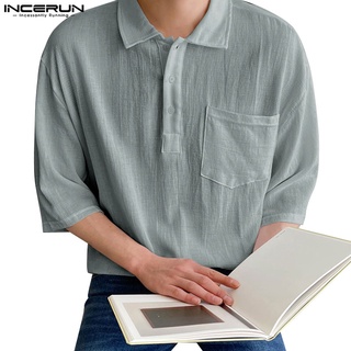 Incerun เสื้อเชิ้ตลําลอง คอปก แขนสั้น สีพื้น สําหรับผู้ชาย ไซซ์ S-5XL