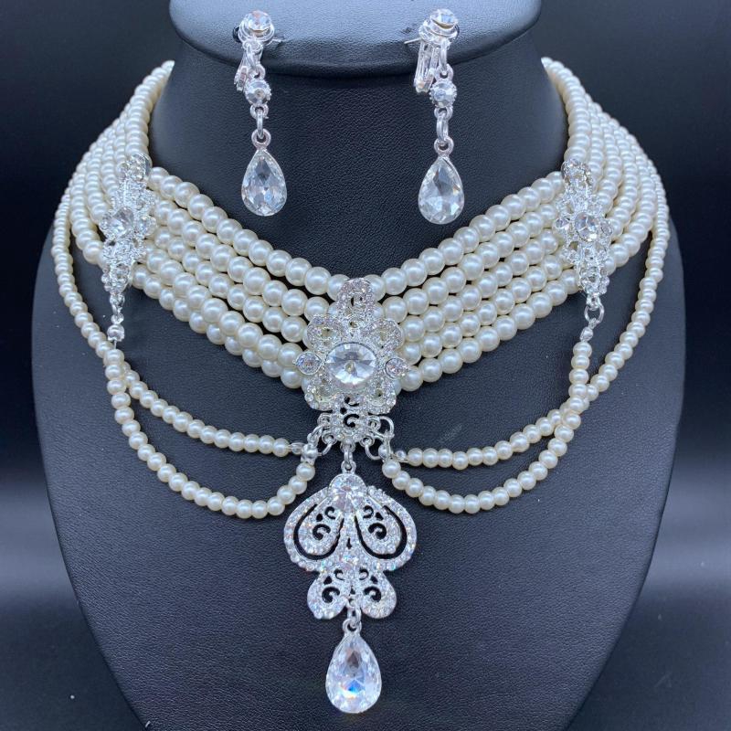 Vintage jewelry สร้อยคอไข่มุกฝ่ายเจ้าสาวย้อนยุคมุกเทียมเพชรต่างหูสร้อยคอชุดPearl necklace set - รูปที่ 5