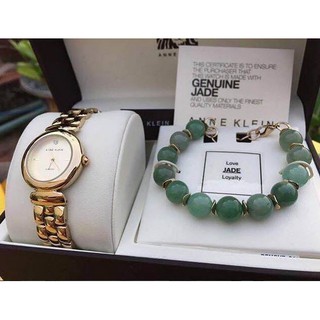 Anne Klein Women s Diamond Accented Gold Tone Watch and Jade Beaded Bracelet Set