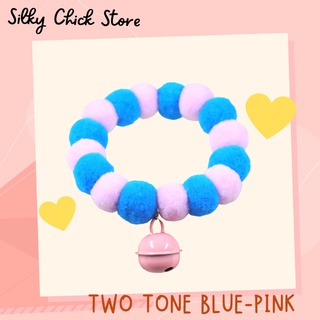 ปลอกคอ Two tone blue-pink พรีเมียม ปอม ปอม Collar [Rubber type]