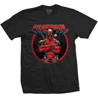 T-shirt  เสื้อยืด ผ้าฝ้าย พิมพ์ลายการ์ตูนมาร์เวล Deadpool สีดํา สําหรับผู้ชายS-5XL