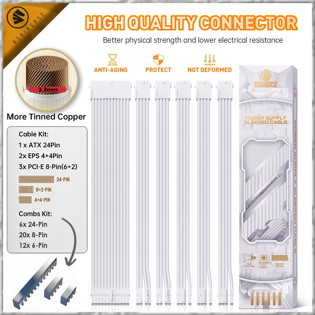 สายถักเพาเวอร์ซัพพลาย คุณภาพสูง ครบชุด  AsiaHorse Sleeved Cable Kit, 16 AWG PSU Extension - White