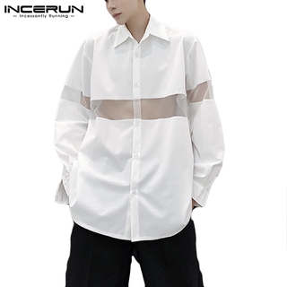 Incerun เสื้อเชิ้ตผ้าซีทรูแขนยาวติดกระดุมทรงหลวมสําหรับบุรุษ