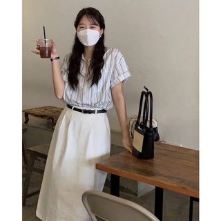 cpjgirlxx | Marine Shirt &amp; Paul Skirt - [new6/26] เสื้อเชิ้ตแขนสั้นลายทาง กระโปรงขาว แถมเข็มขัด