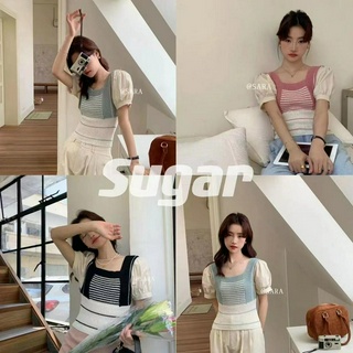 Sugar🌈พร้อมส่ง🌈เสื้อครอป คอเหลี่ยม แขนสั้นตุ๊กตา เปิดไหล่ ผ้าไหมพรมลายทาง(15008)