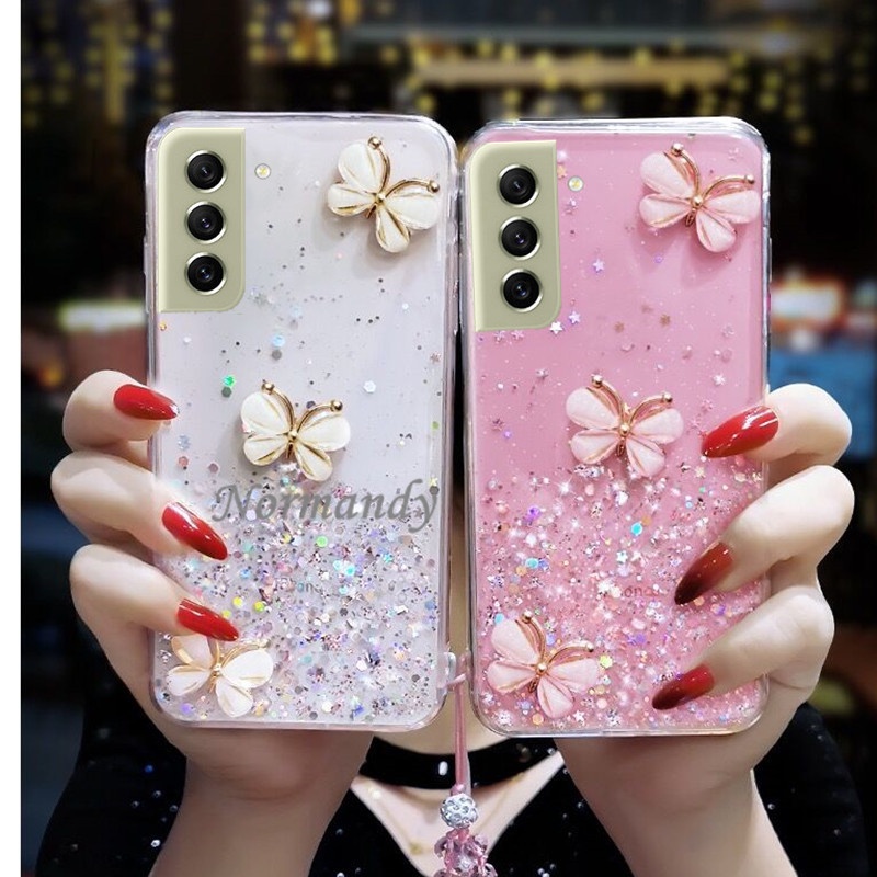 เคสโทรศัพท์ Samsung Galaxy S21 FE Ultra S21+ Plus A03S A52S M52 5G Transparent Phone Casing Fashion 3D Butterfly with Pearl Lanyad Silicagel Soft Case Back Cover เคส