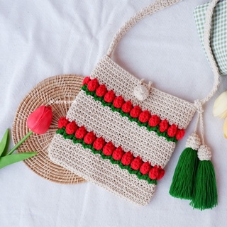 pmncrochet : กระเป๋าถักสะพายข้าง tulip🌷 กระเป๋าถักเชือกฟอก กระเป๋าถักโครเชต์ 💥พร้อมส่ง💥