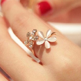 เครื่องประดับโอปอล Double Daisy Flower เปิดแหวนเครื่องประดับน่ารัก Rhinestone Adjustable