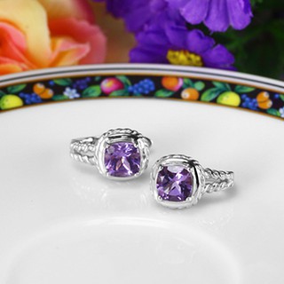 MT ต่างหูพลอยแท้ อเมทิสต์ (Amethyst) แบบห่วงติดหู (Huggie) ตัวเรือนเงินแท้ ชุบทองคำขาว Natural Gemstone Sterling Silver Earrings (ge438) : มณีธารา MT Jewelry