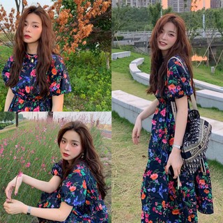 พร้อมส่ง Maxi Dress เดรสคอกลมลายดอกไม้ แขนสั้น โทนสีกรม งานป้ายBeidi