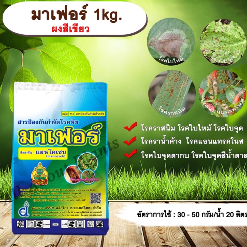 allaboutplants มาเฟอร์ 1kg. ผงสีเขียว แมนโคเซบ สารป้องกันกำจัดโรคพืช สารป้องกันเชื้อรา โรคราสนิม โรคใบจุด โรคใบไหม้