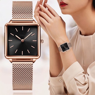 Reloj Mujer นาฬิกาข้อมือ สายเข็มขัดตาข่ายแม่เหล็ก สีโรสโกลด์ หรูหรา สําหรับผู้หญิง#39; s นาฬิกาข้อมือ ทรงสี่เหลี่ยม Zegarek D