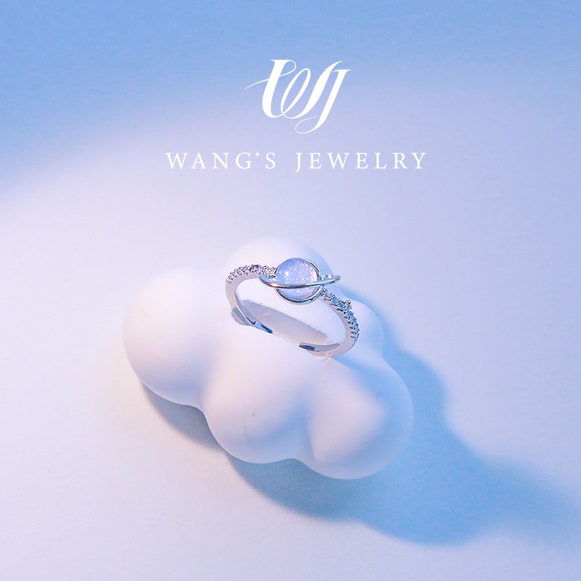 Wj แหวนอัญมณี ทรงกลม สีฟ้า ชุบเงิน ปรับได้ เครื่องประดับ ของขวัญ สไตล์เกาหลี สําหรับผู้หญิง แหวนโอปอลสีฟ้าสไตล์โรแมนติก