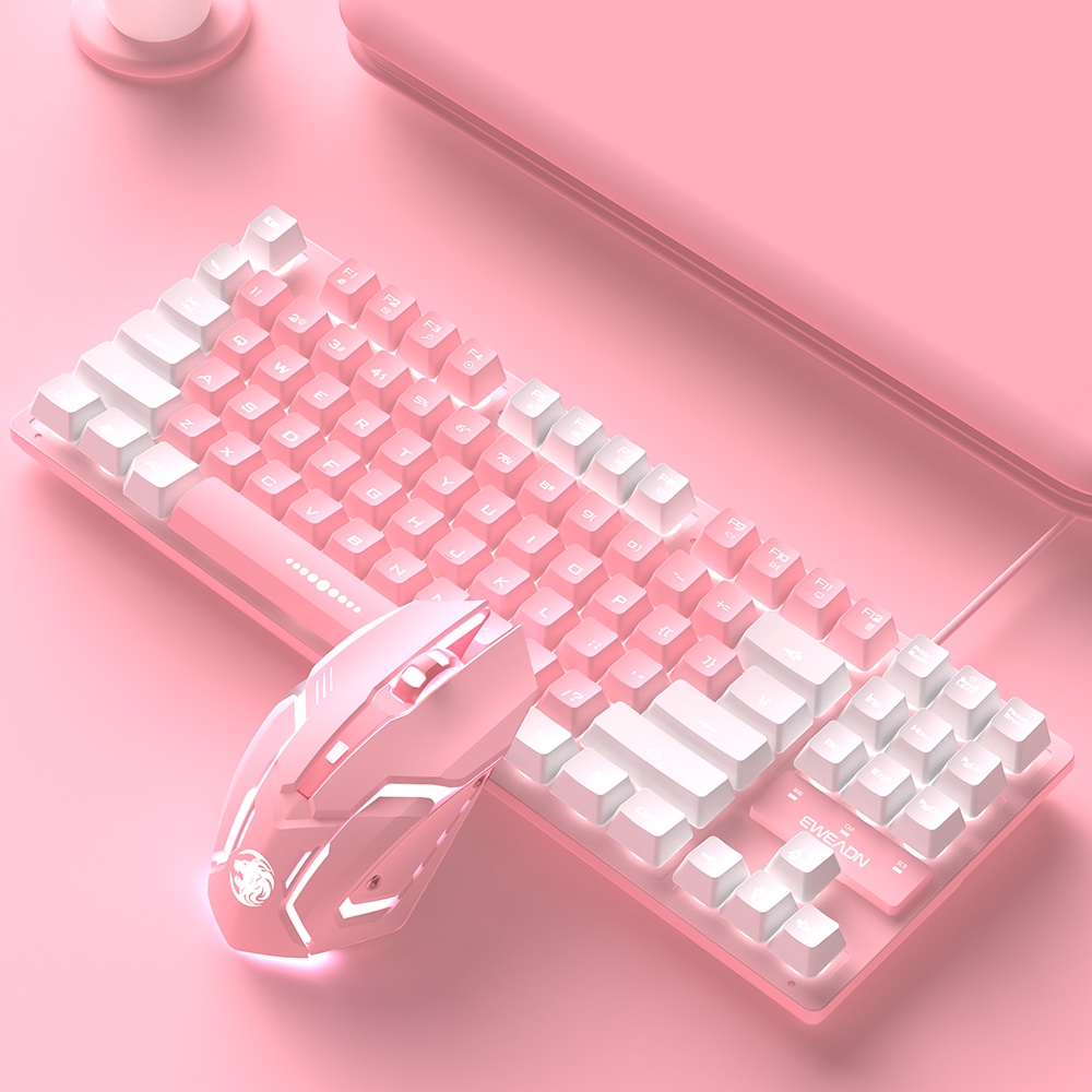 3 in 1 Keyboard Set Cute Pink Mute Office Notebook Keyboard keyboard and Mouse Set Wired Desktop Computer Game Gaming 87