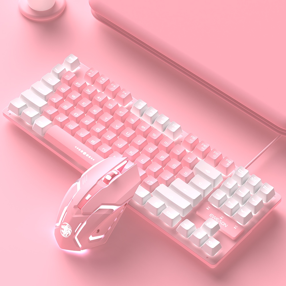 87key Gaming Sets Keyboard and Mouse Set Girl Cute Pink White Wired