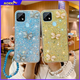 เคสโทรศัพท์มือถือ ซิลิโคนนุ่ม แต่งกลิตเตอร์ เลื่อม ผีเสื้อ 3D พร้อมสายคล้องข้อมือคริสตัล สําหรับ Realme 8 8i 8Pro 9i 9Pro 7 7i 7Pro 5 5i 5S 6i 5Pro X7 X7Pro